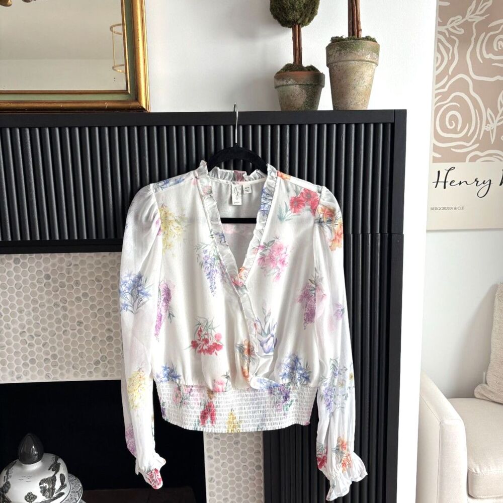 JOIE Floral Sheer Wrap Blouse M White Multicolor Smocked Waist Ruffle Cuff Top
